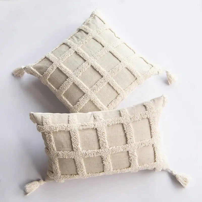 Cream-colored boho tufted tassel cushion cover with textured grid pattern and tassels for living room decorbites decor