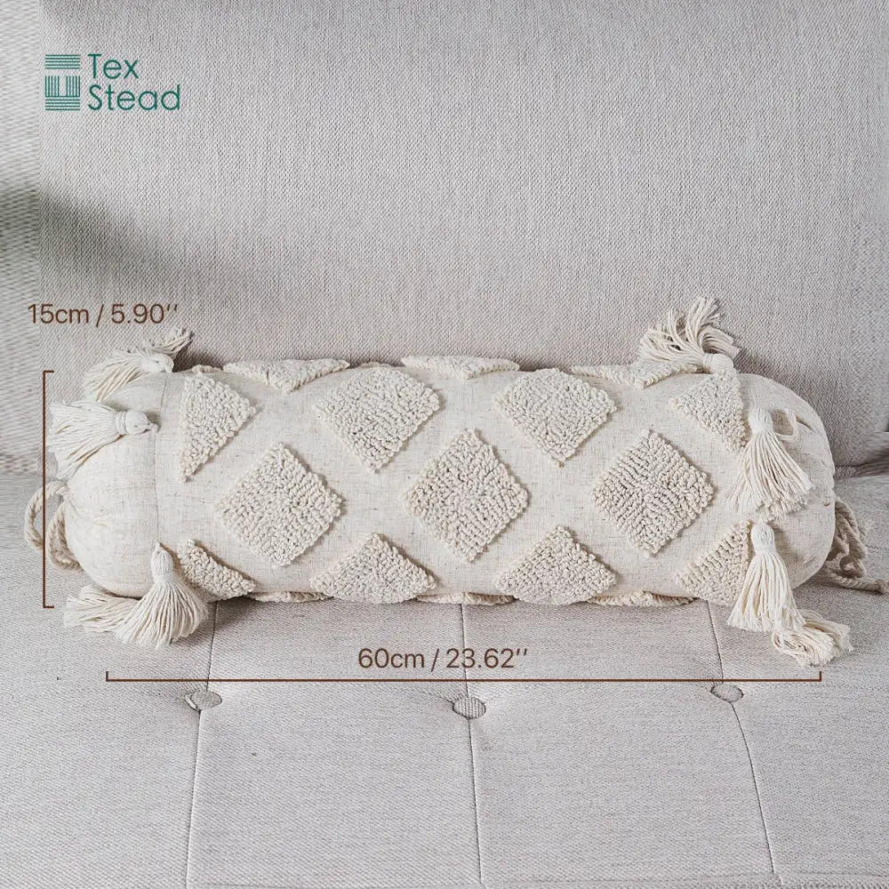 Cream-colored boho tufted tassel lumbar pillow with textured diamond embroidery and tassels for bedroom decorbites decor