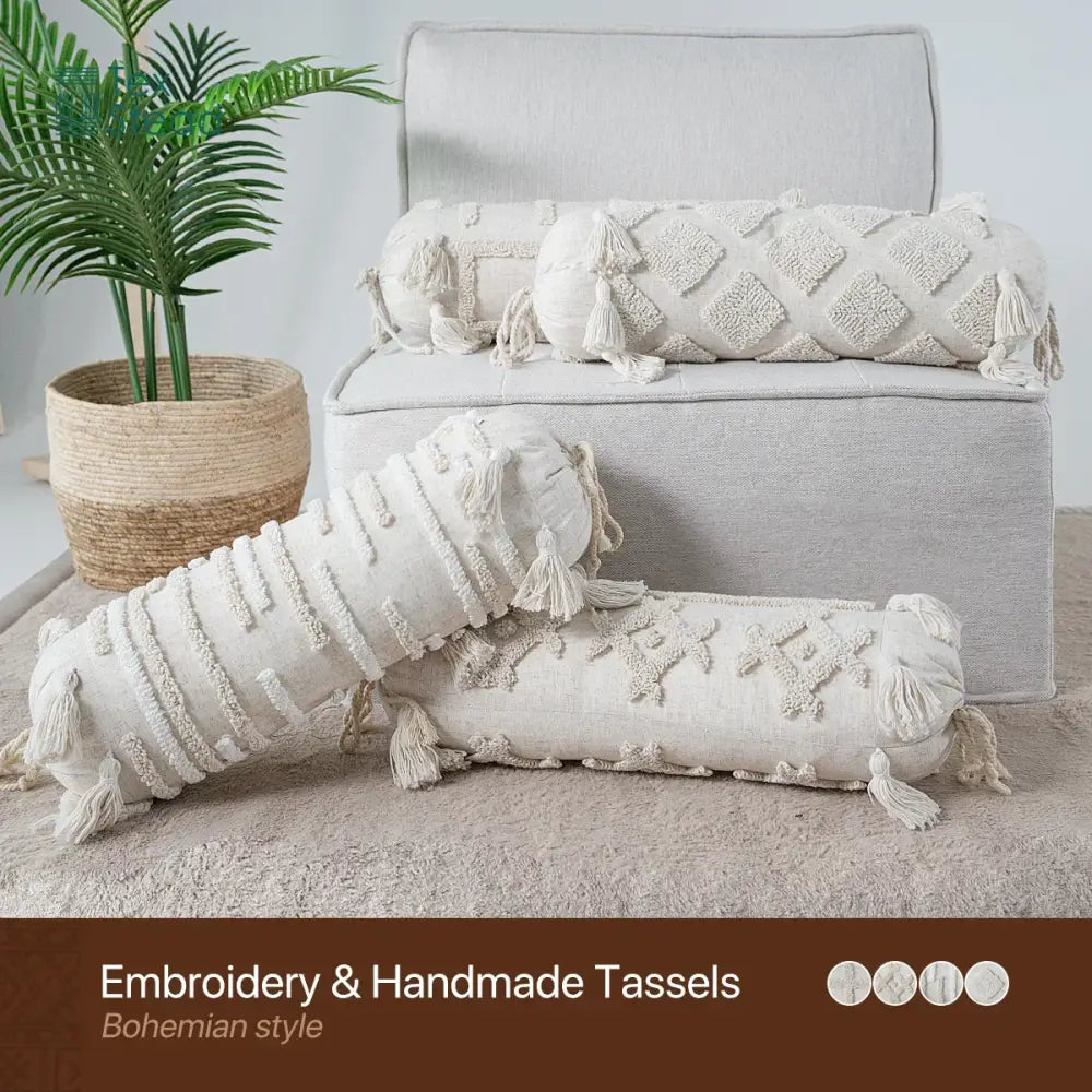 Cream-colored boho tufted tassel lumbar pillow with textured embroidery and handmade tassels for bedroom decorbites decor