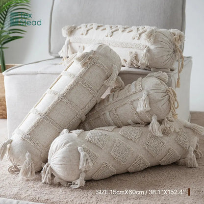 Cream-colored boho tufted tassel lumbar pillow with textured woven linen fabric for decorbites boho tufted bedroom decor
