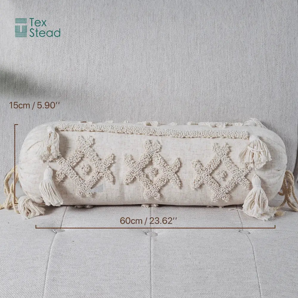 Cream-colored boho tufted tassel lumbar pillow with textured woven patterns and tassels for bedroom decorbites decor
