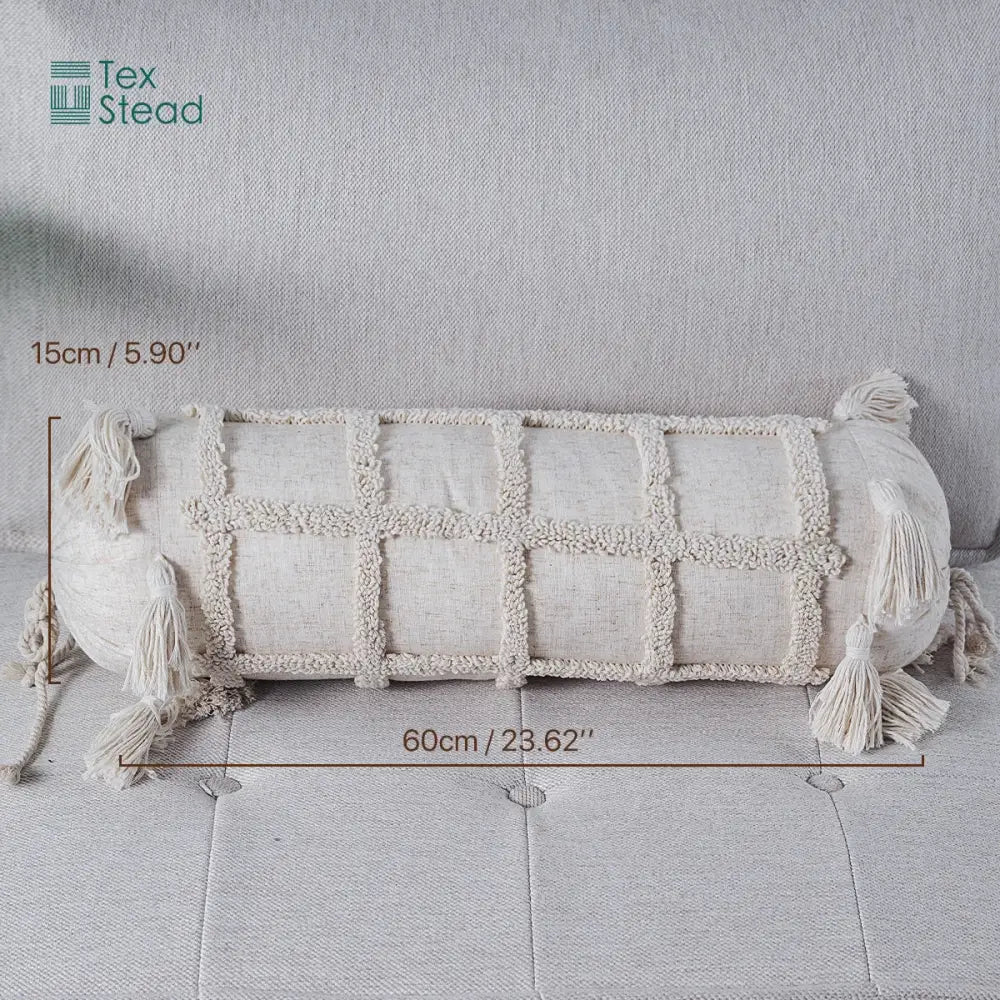 Cream-colored boho tufted tassel lumbar pillow with textured woven grid pattern and tassels for bedroom decorbites decor
