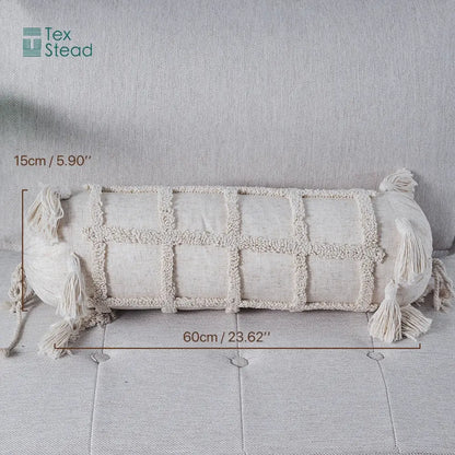 Cream-colored boho tufted tassel lumbar pillow with textured woven grid pattern and tassels for bedroom decorbites decor