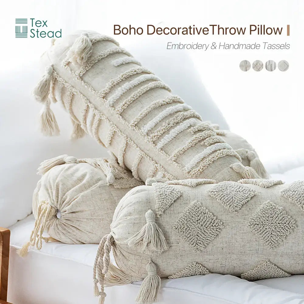 Cream-colored boho tufted tassel lumbar pillow with textured embroidery and handmade tassels for decorbites boho decor