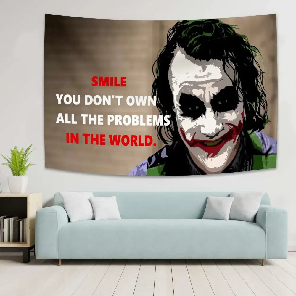 Beige decorbites joker tapestry with stylized black hair joker and red text perfect for boho bedroom wall decor