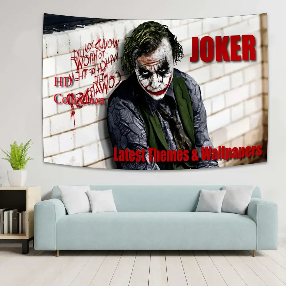 Boho white and red joker tapestry featuring detailed joker with green hair on brick background for decorbites joker wall art