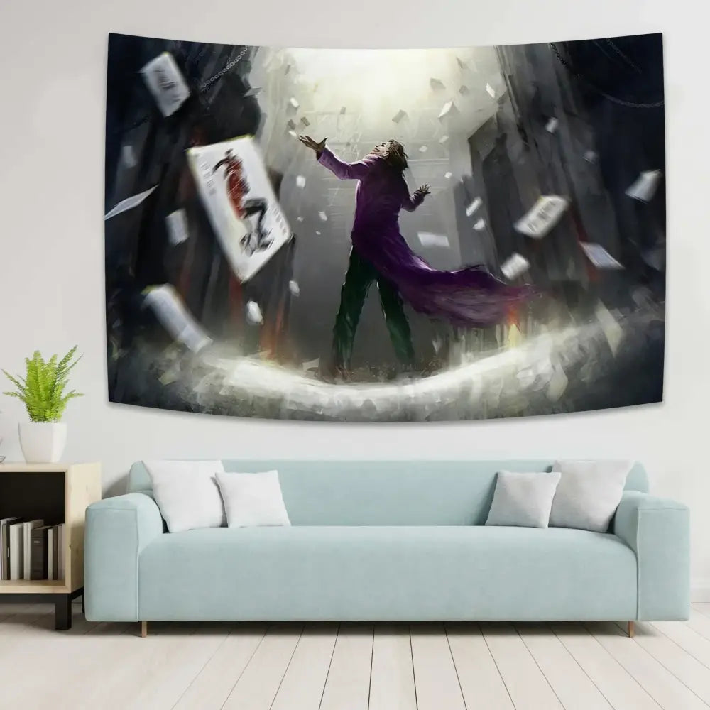 Boho white and red decorbites joker tapestry featuring vibrant purple and green joker with falling papers wall decor