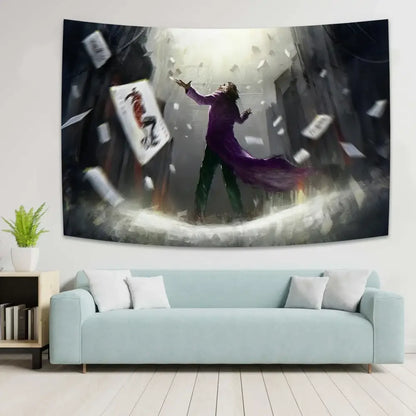 Boho white and red decorbites joker tapestry featuring vibrant purple and green joker with falling papers wall decor