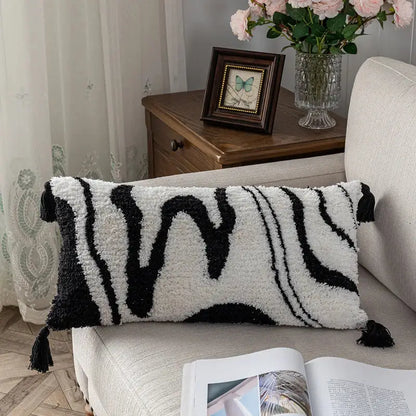 Boho white and black abstract eye pillow cover with tassels textured decorbites black abstract pillow cover for living room decor