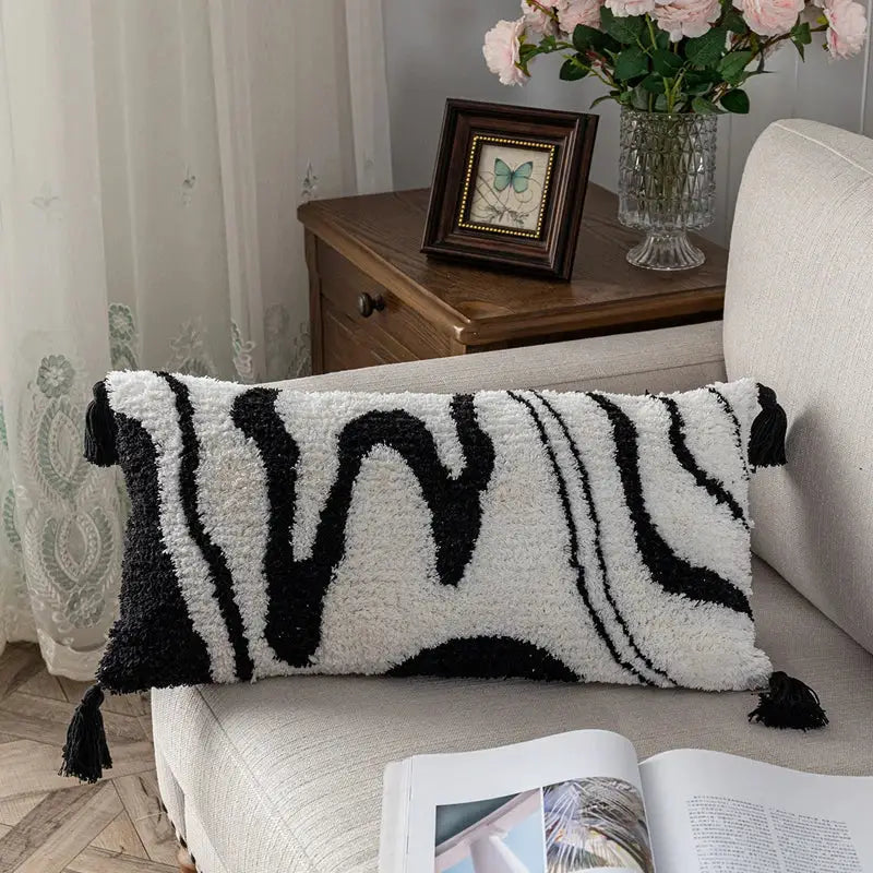 Boho white and black abstract eye pillow cover with tassels textured decorbites black abstract pillow cover for living room decor