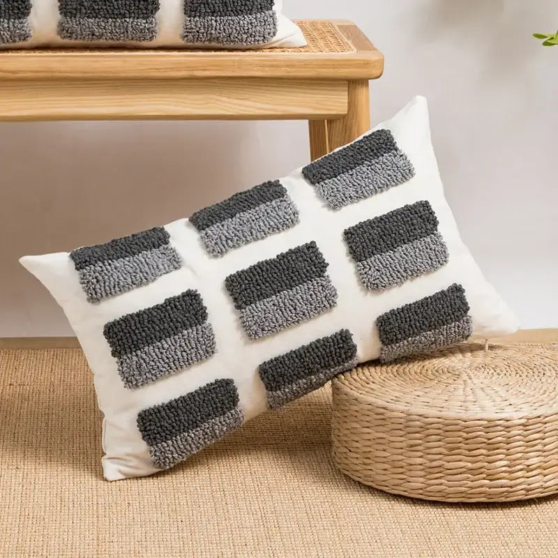 Boho white and gray tufted cushion cover with textured chunky knit squares in a grid pattern decorbites boho loop pillowcase