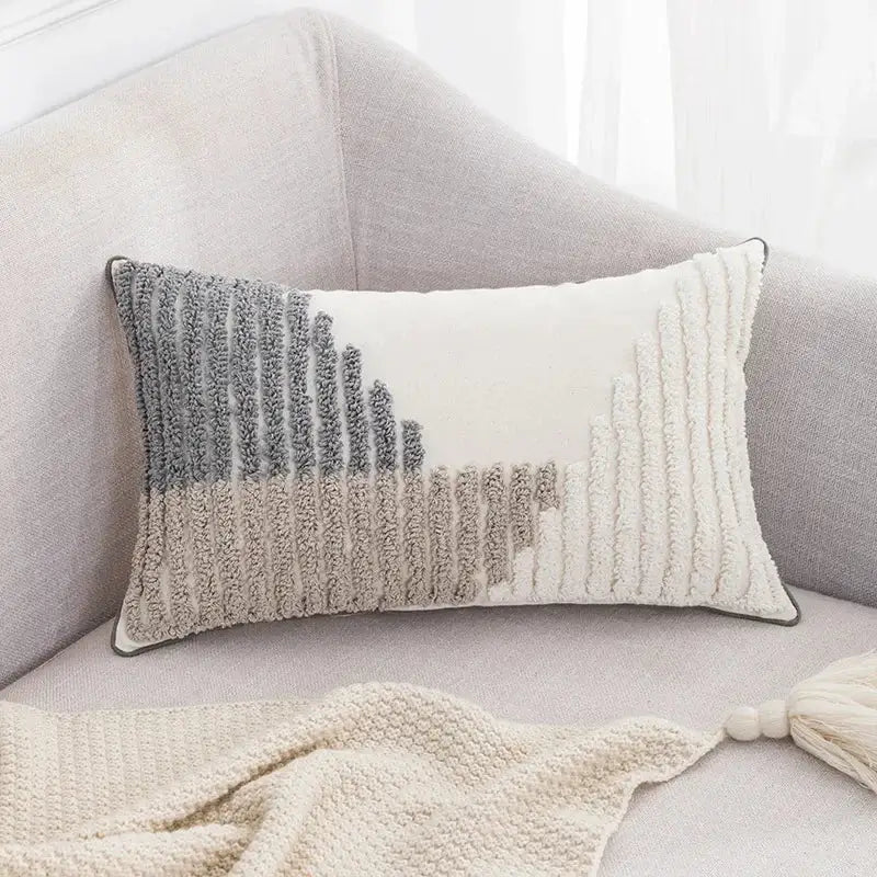 Rectangular boho loop pillowcase with textured tufted design in gray and cream cushion cover for living room decorbites boho loop