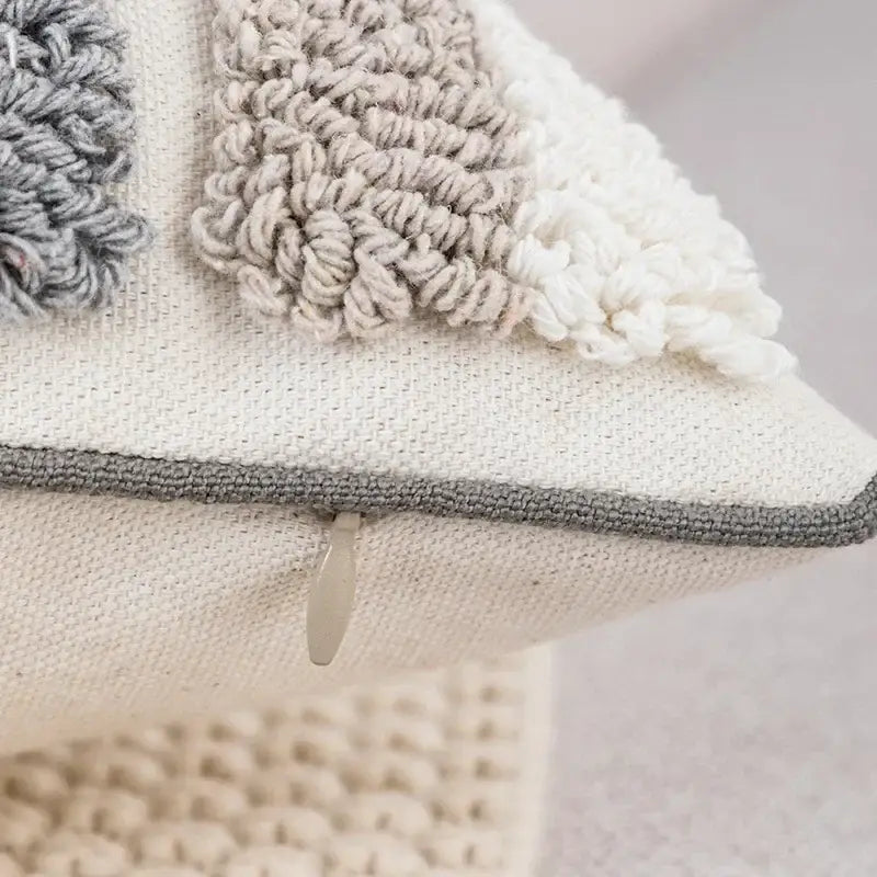 Beige and gray textured cushion cover with chunky knit appliqués boho loop pillowcase for living room decorbites boho loop