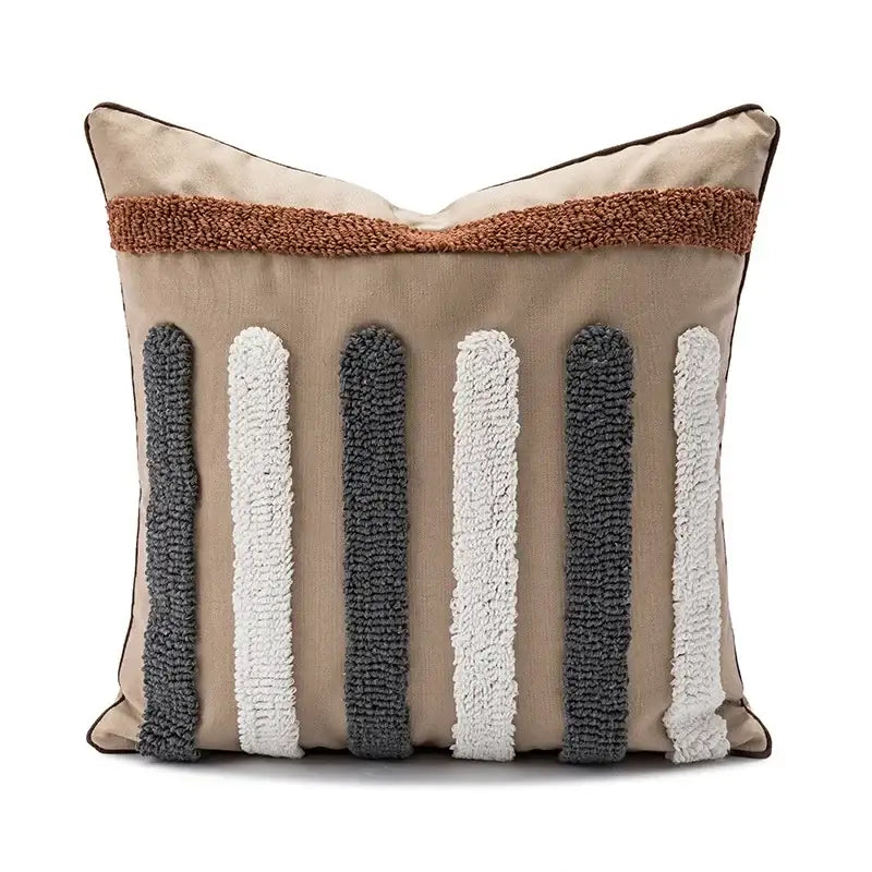 Beige boho loop pillowcase with gray and white textured stripes and brown woven band cushion cover for living room decorbites boho loop