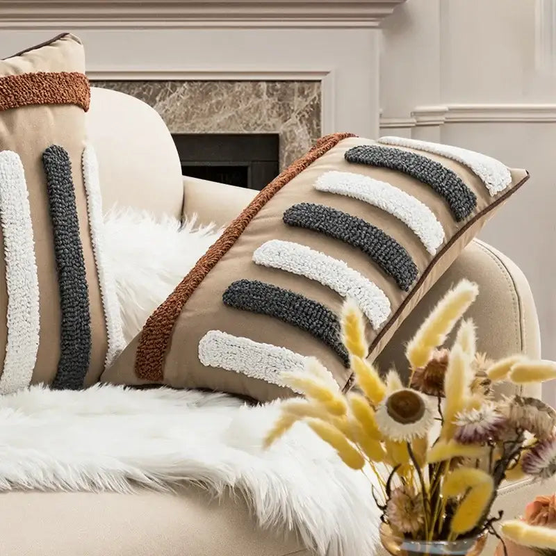 Beige boho loop pillowcase with gray and white textured stripes and brown border cushion cover for living room decorbites boho loop