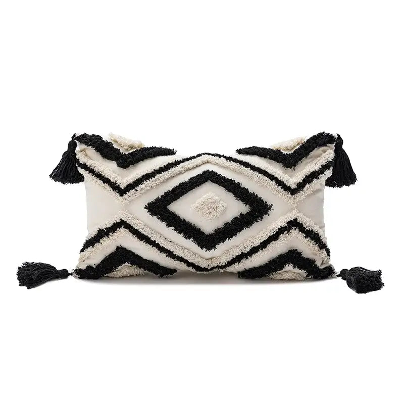 Black and cream geometric patterned boho loop pillowcase with tassels cushion cover for living room decorbites boho loop