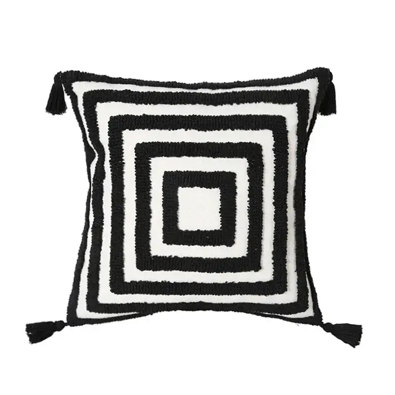 Black and white textured cushion cover with concentric borders and tassels for decorbites boho loop pillowcase decor