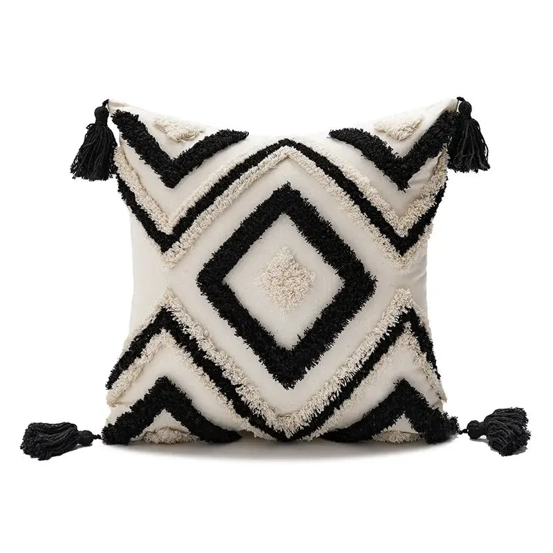 Cream-colored boho loop pillowcase with black geometric embroidery tassels cushion cover for living room decorbites boho loop