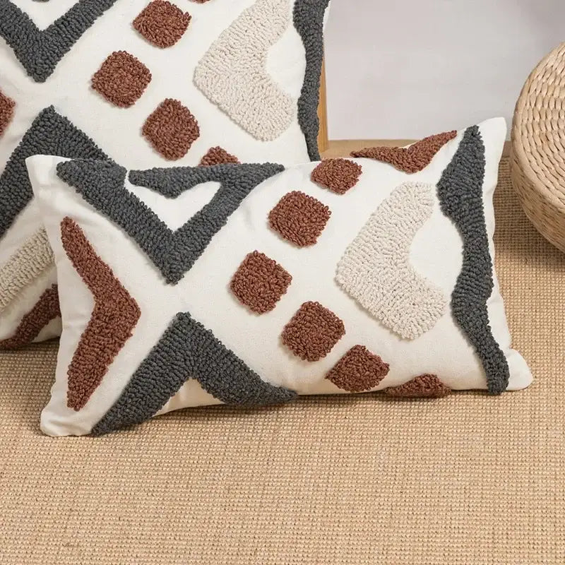 Cream-colored cushion cover with textured chunky knit brown and gray geometric patterns decorbites boho loop pillowcase