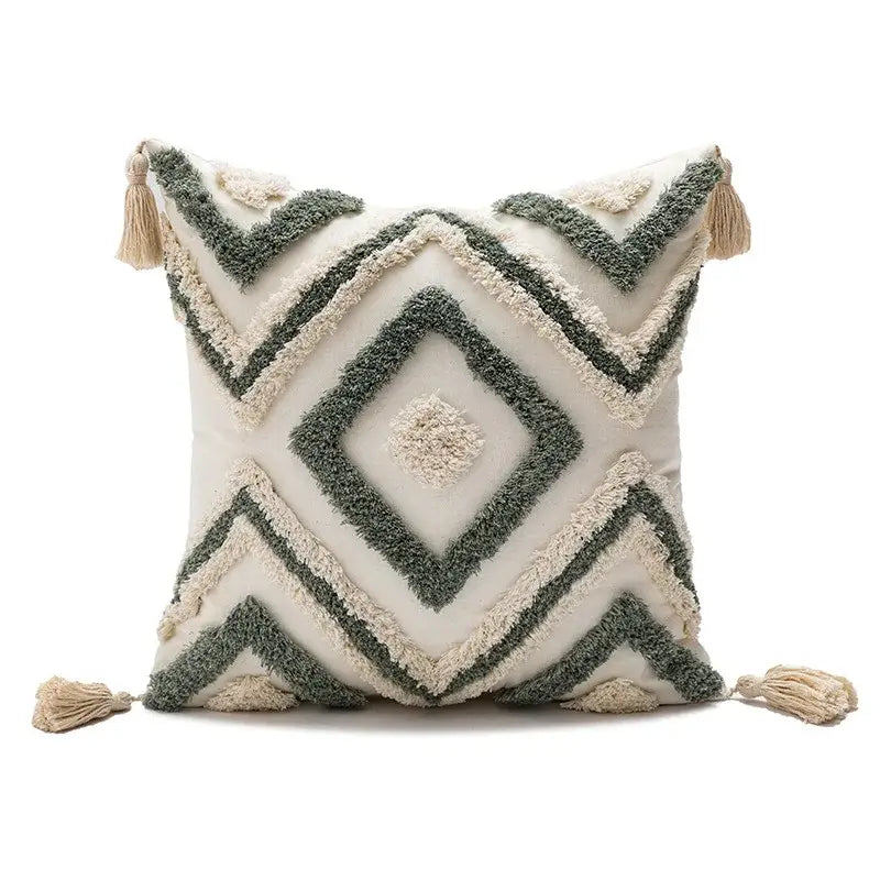 Cream and sage green geometric cushion cover with tassels from decorbites boho loop pillowcase for living room decor