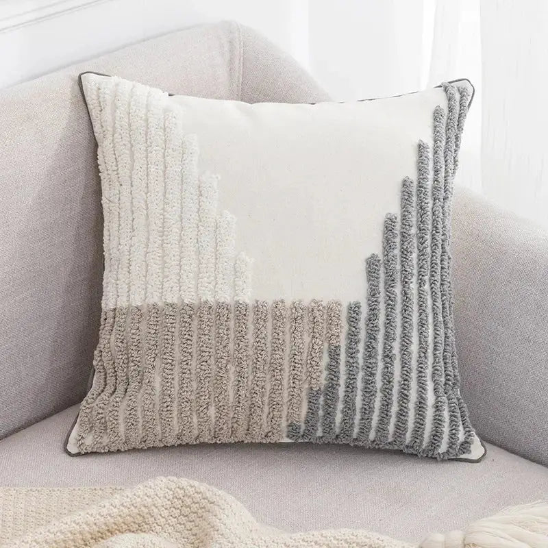 Cream and gray textured boho loop pillowcase with vertical tufted stripes cushion cover for living room decorbites boho loop