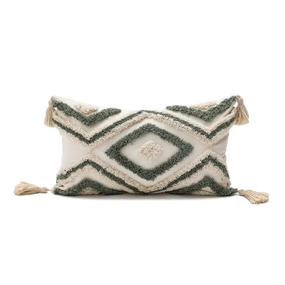 Cream and olive green geometric-patterned cushion cover with tassels boho loop pillowcase for living room decorbites boho loop