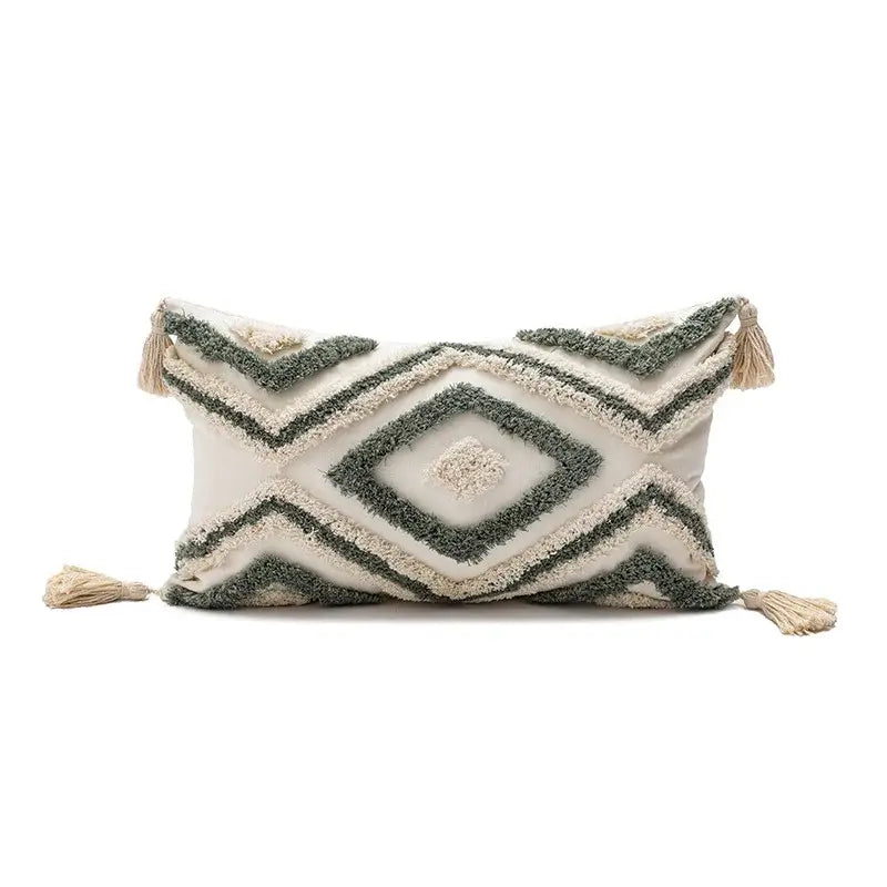Cream and olive green geometric-patterned cushion cover with tassels boho loop pillowcase for living room decorbites boho loop