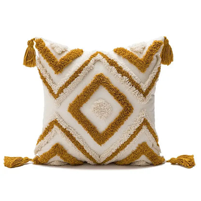 Cream and mustard yellow geometric cushion cover with tassels for decorbites boho loop pillowcase living room decor