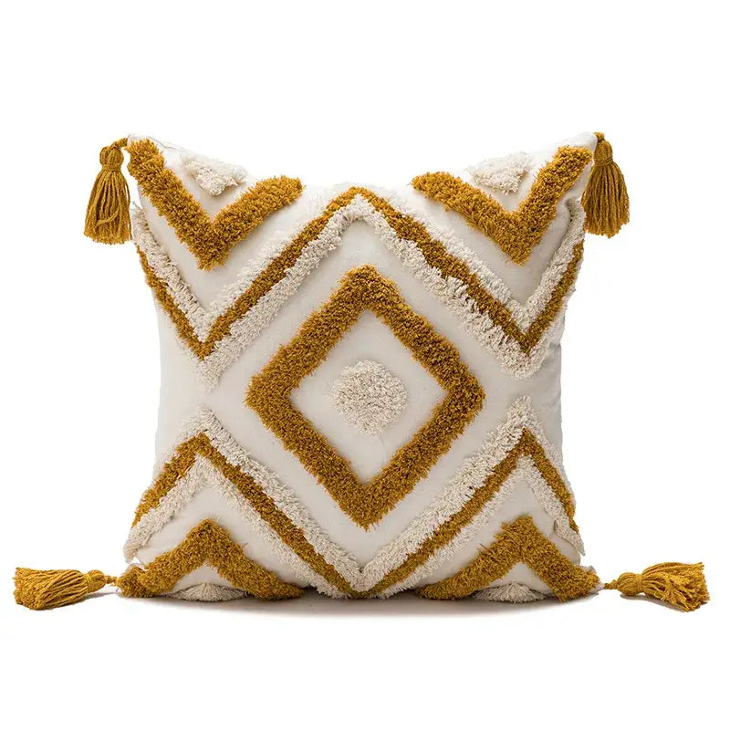 Cream and mustard yellow geometric cushion cover with tassels for decorbites boho loop pillowcase living room decor