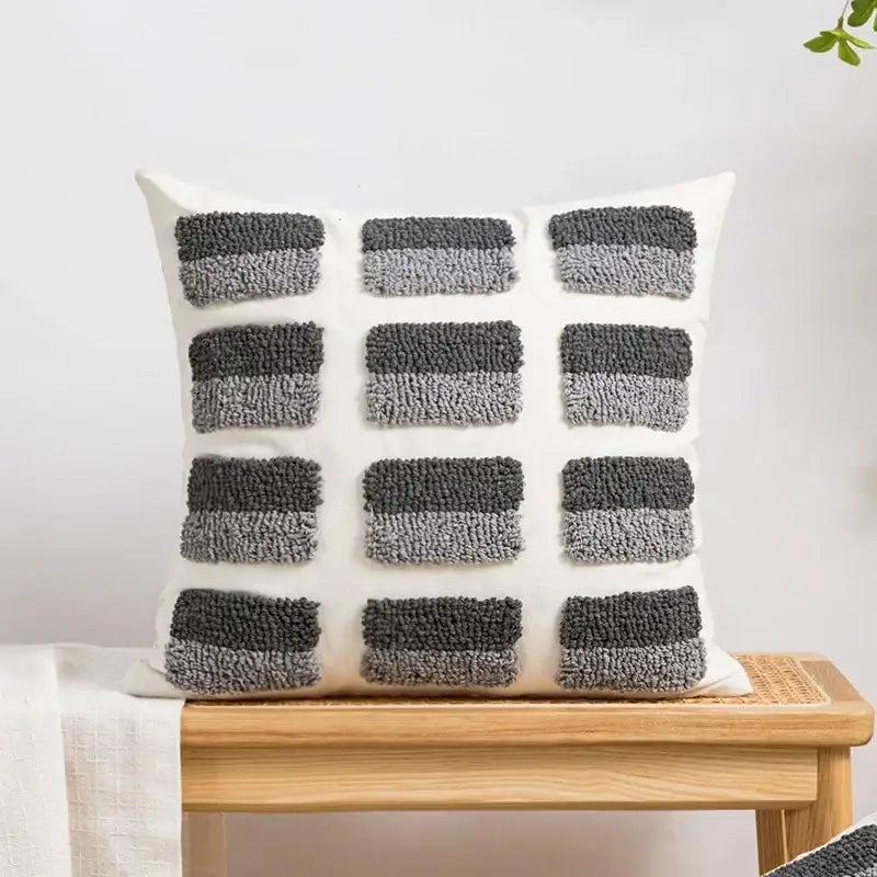Boho white and gray tufted cushion cover with textured grid squares for decorbites boho loop pillowcase living room throw pillow