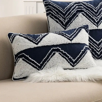 Navy blue and cream textured throw pillow with zigzag pattern cushion cover from decorbites boho loop pillowcase collection