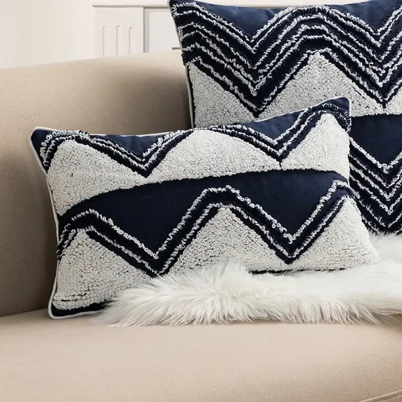 Navy blue and cream textured throw pillow with zigzag pattern cushion cover from decorbites boho loop pillowcase collection