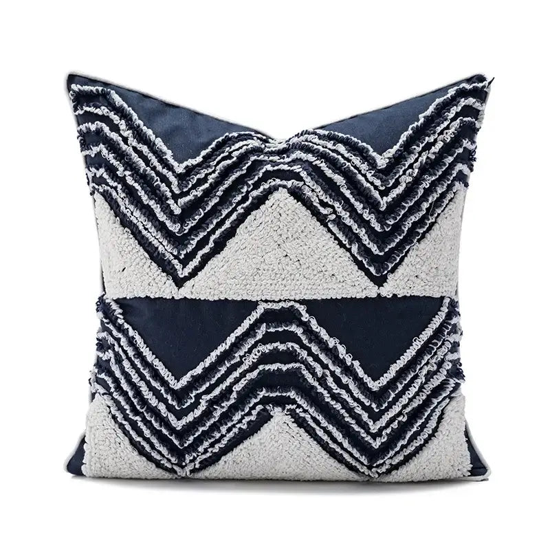Navy and cream geometric embroidered throw pillow with textured zigzag patterns cushion cover for decorbites boho loop decor