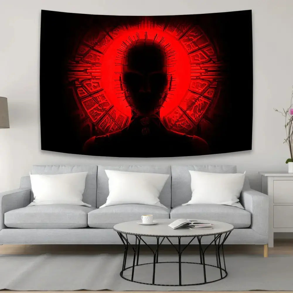 Black tapestry wall tapestry featuring a red circular spiked design of pinhead for horror movie decor and decorbites jack-o-lantern wall