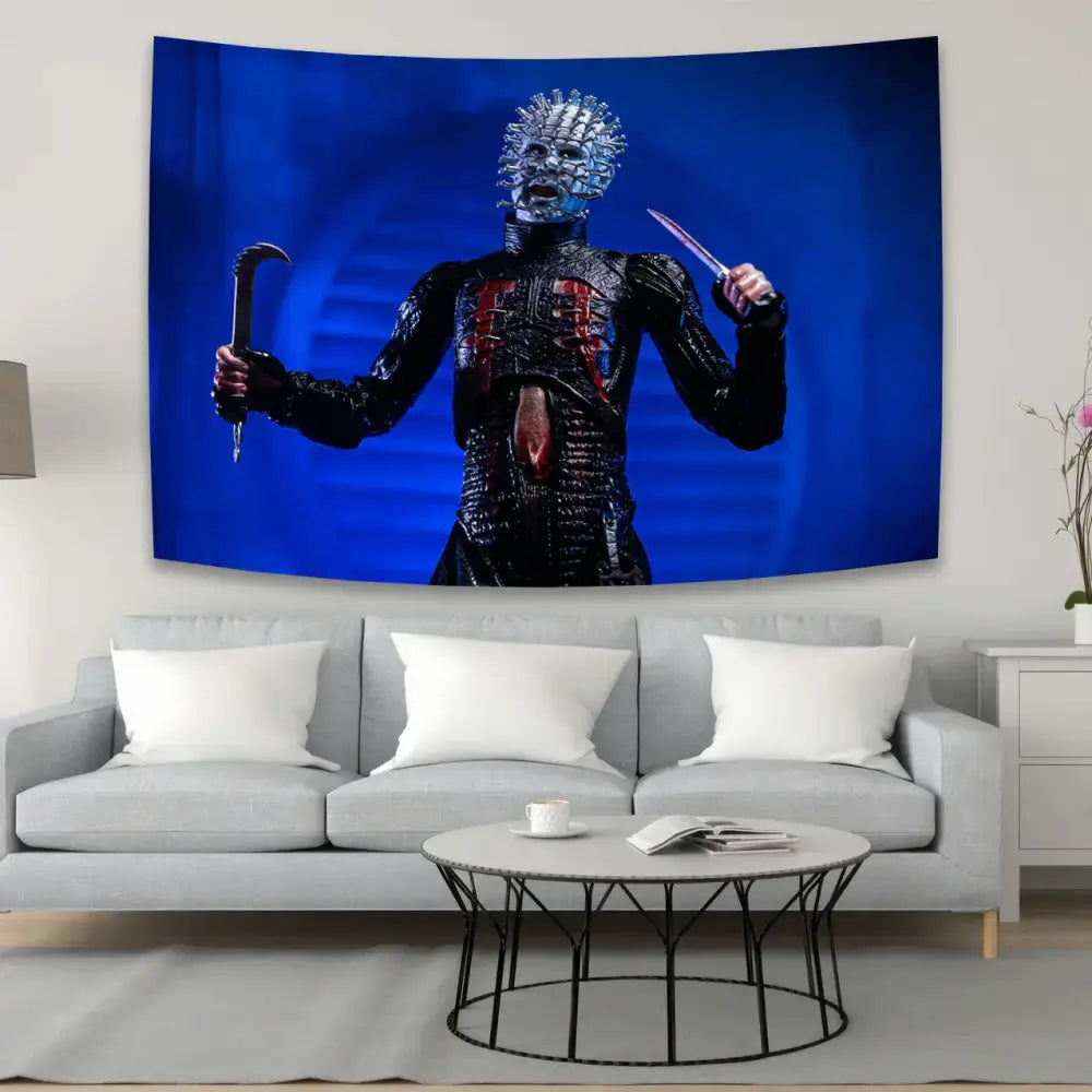 Boho white and red jack-o-lantern wall tapestry featuring pinhead horror movie decor on a dark textured deep blue background