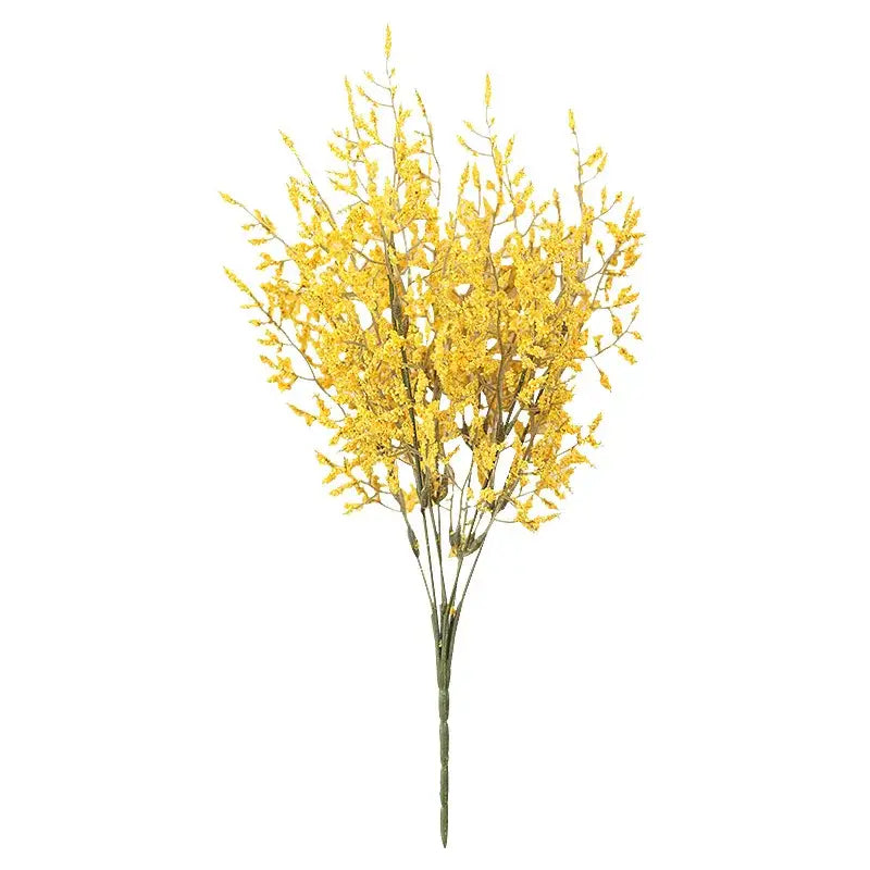 Boho wicker basket with vibrant yellow decorbites forever dancing grass flowers and delicate pink and white accents