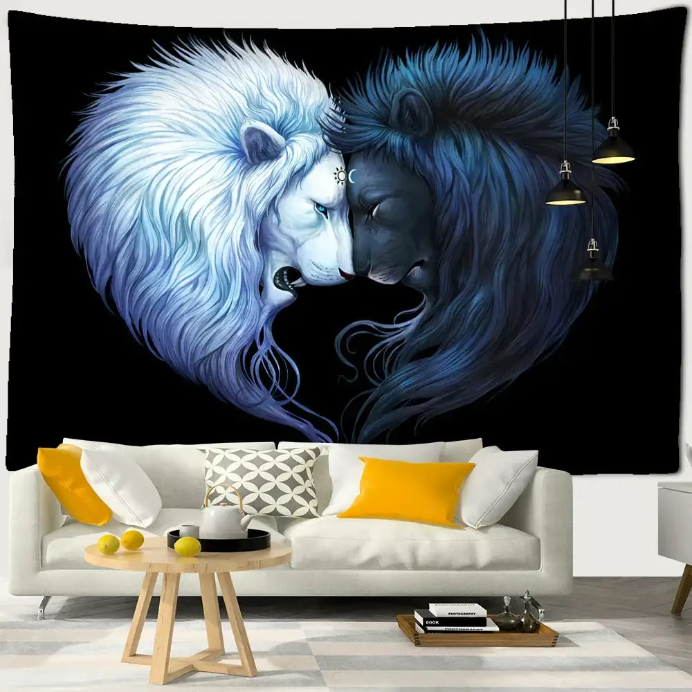 Boho wildlife tapestry wall hanging featuring white and blue lions in heart-shaped embrace for bedroom decorbites boho wildlife