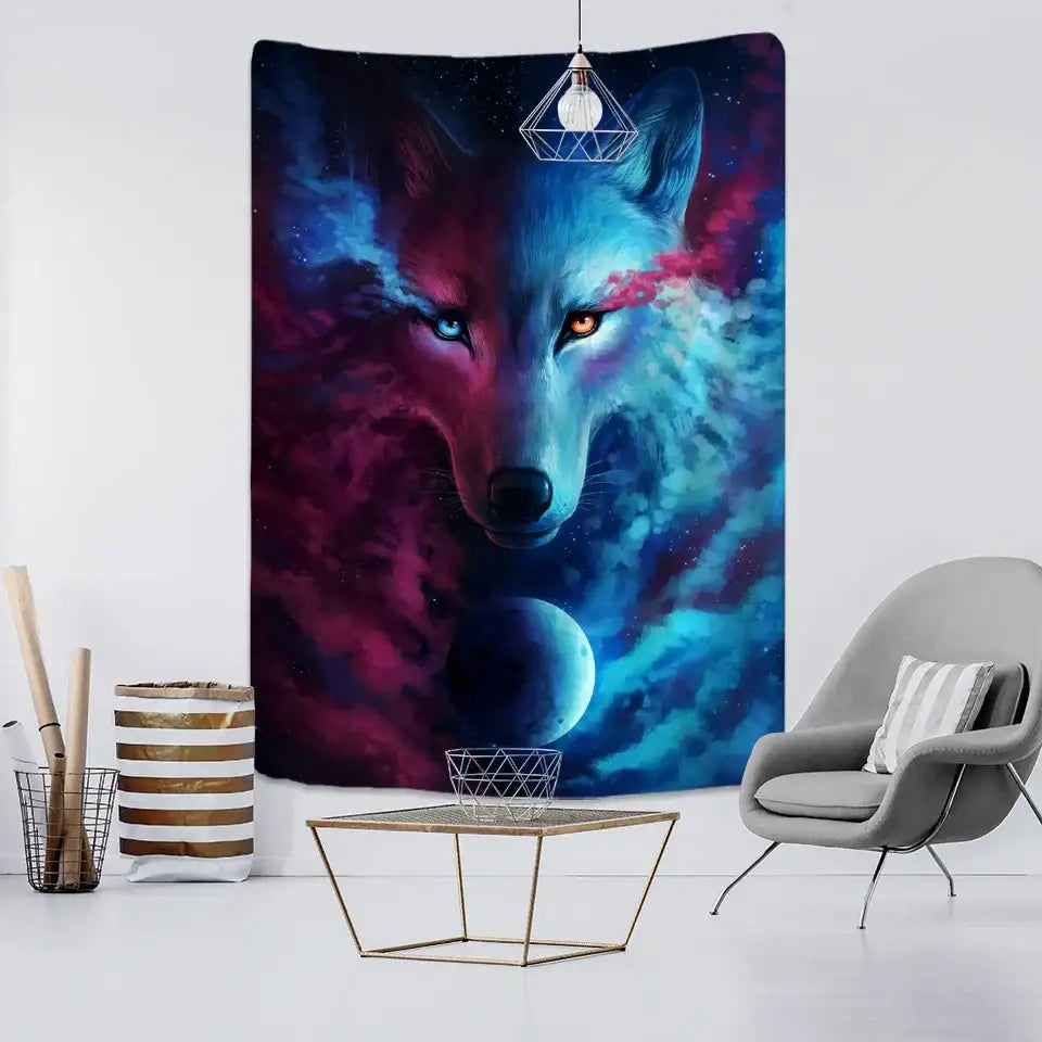Vibrant boho wildlife tapestry wall hanging featuring a split-face cosmic wolf in blue and purple for decorbites decorbites boho wildlife