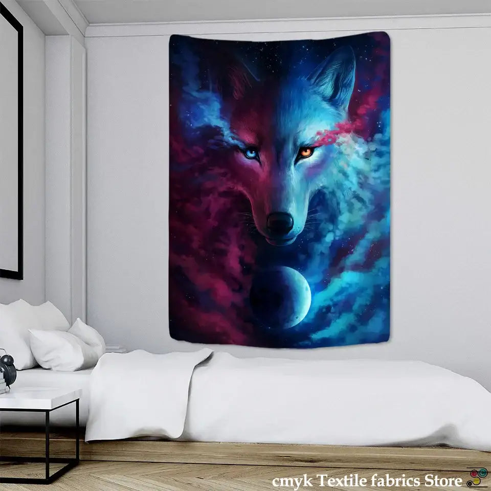 Boho wildlife tapestry wall hanging featuring a vibrant cosmic wolf design in deep blue and magenta for decorbites boho wildlife decor