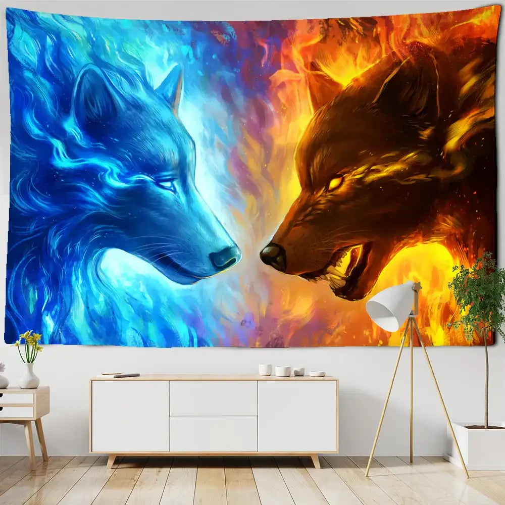 Vibrant boho wildlife tapestry wall hanging featuring blue ice and orange flame wolves for decorbites wildlife decor
