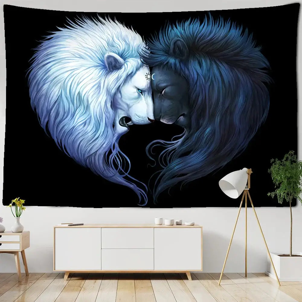 Black boho wildlife tapestry wall hanging with white and blue lions forming a heart mane decorbites wildlife tapestry wall