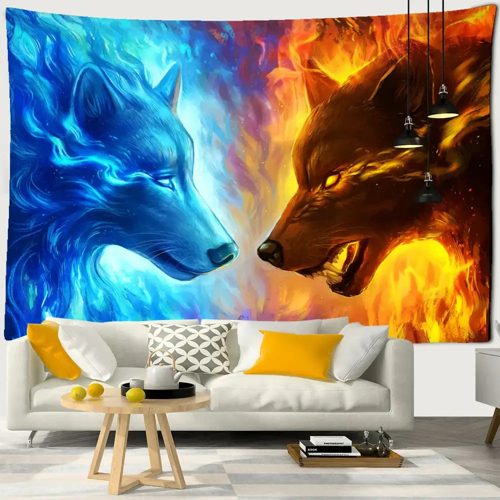 Vibrant boho wildlife tapestry wall hanging featuring blue icy and fiery orange wolves for decorbites wildlife tapestry wall decor