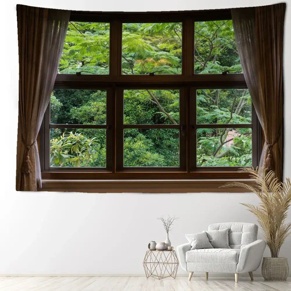 Brown window curtain tapestry with jungle scenery print featuring green foliage and wooden frame details for decorbites jungle scenery wall