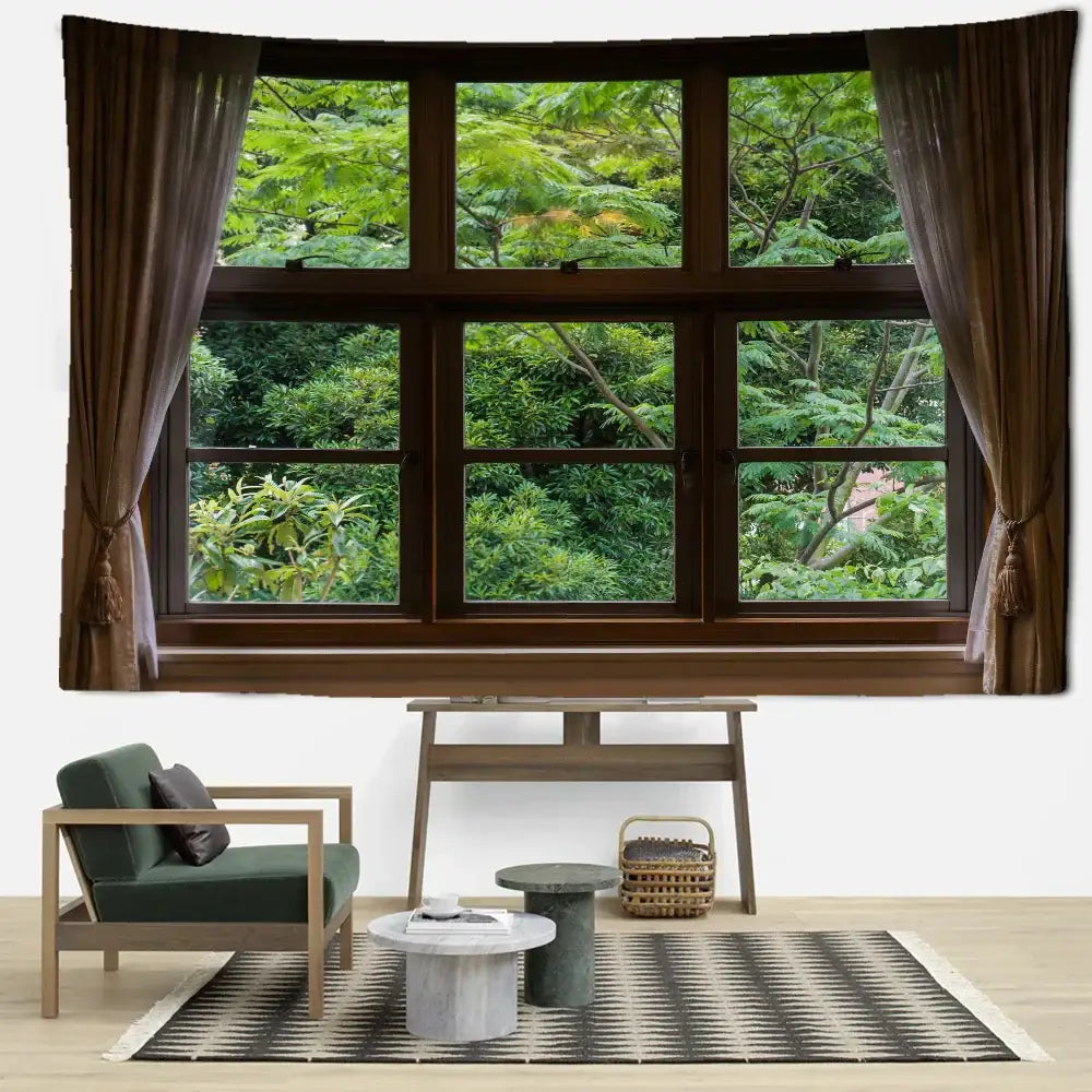 Brown curtain with tassels framing a window complementing boho jungle scenery wall tapestry bedroom art decorbites jungle scenery