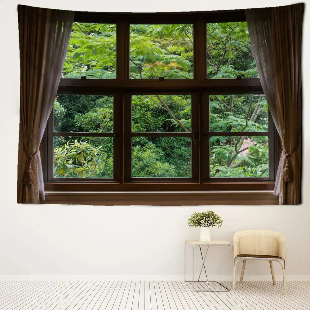 Brown window curtain tapestry featuring printed open wooden window and lush green trees for decorbites jungle scenery wall art