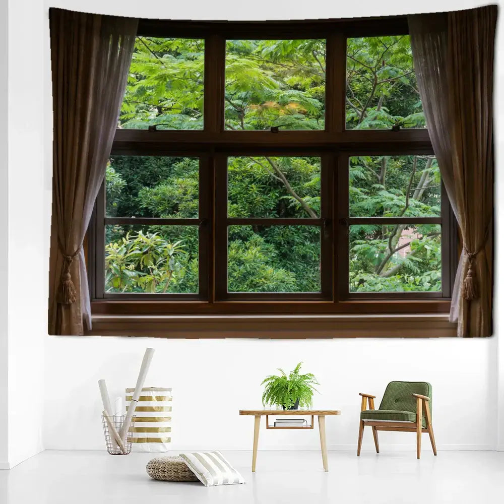 Boho window jungle scenery wall tapestry featuring a brown wooden window with dark curtains and lush green trees decorbites jungle scenery