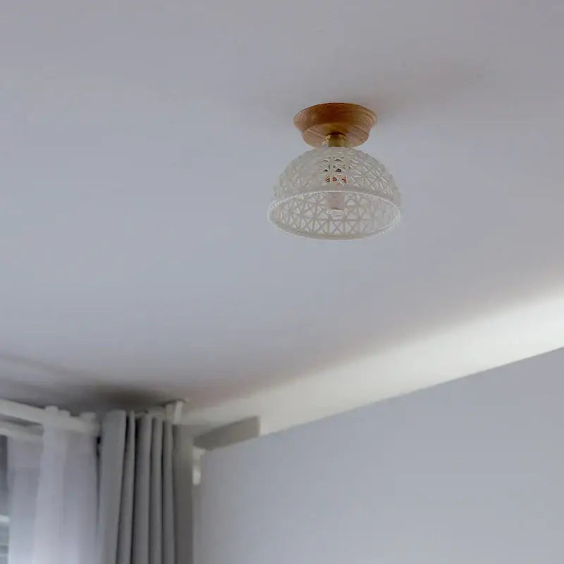 Delicate white glass pendant light with geometric lattice design mounted on wood base for wood led ceiling decorbites copper wood