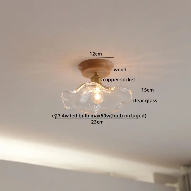 A delicate clear glass boho woven rattan wood led ceiling light with copper wood led socket for bedroom decorbites decor