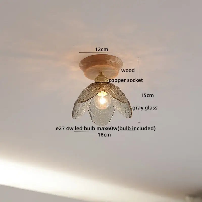 Boho woven rattan wood led ceiling light with gray glass flower pendant copper wood led for bedroom decorbites copper wood