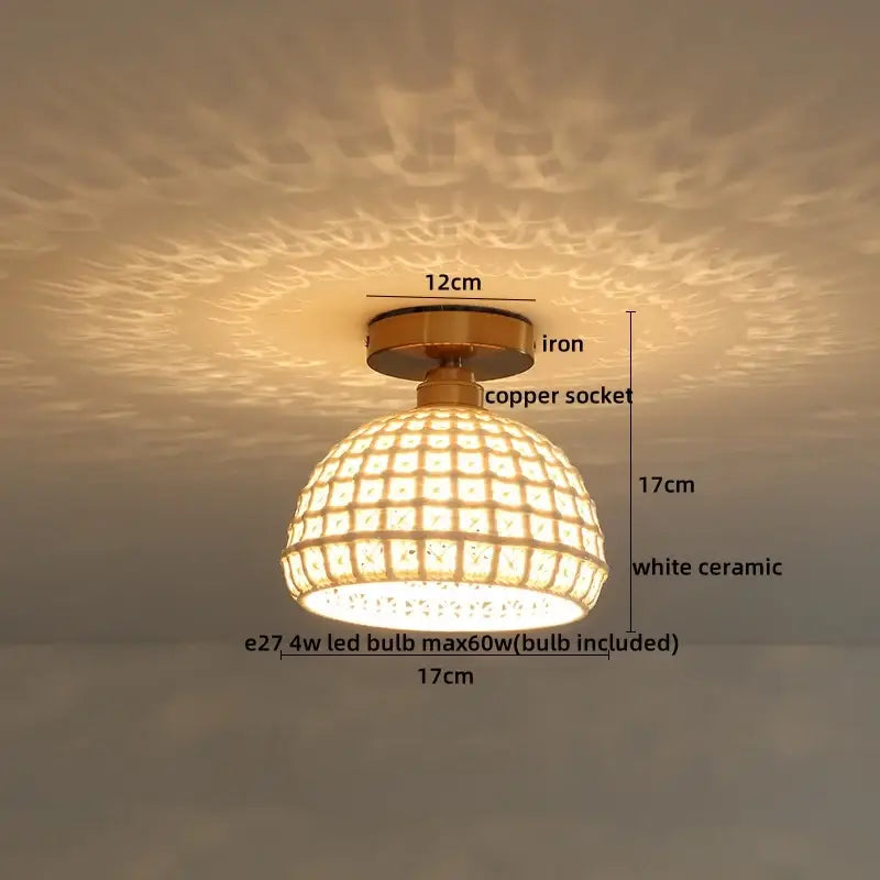 Gold-toned wood led ceiling lamp with white ceramic dome and embedded crystals for boho bedroom decorbites copper wood style